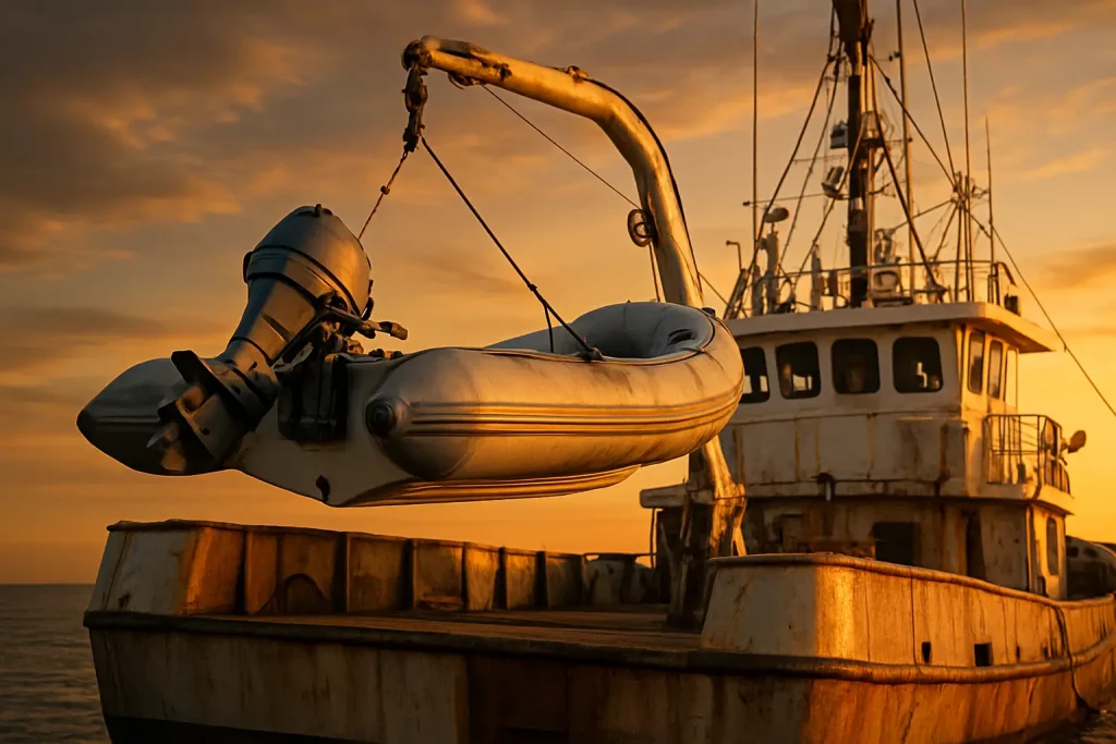 trawler-dinghy-with-outboard-motor-attached
